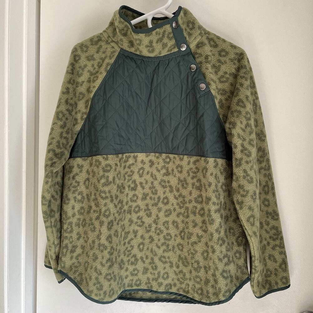 J.crew Fleece Size M Quilted Button-neck Sherpa Tunic Green Leopard